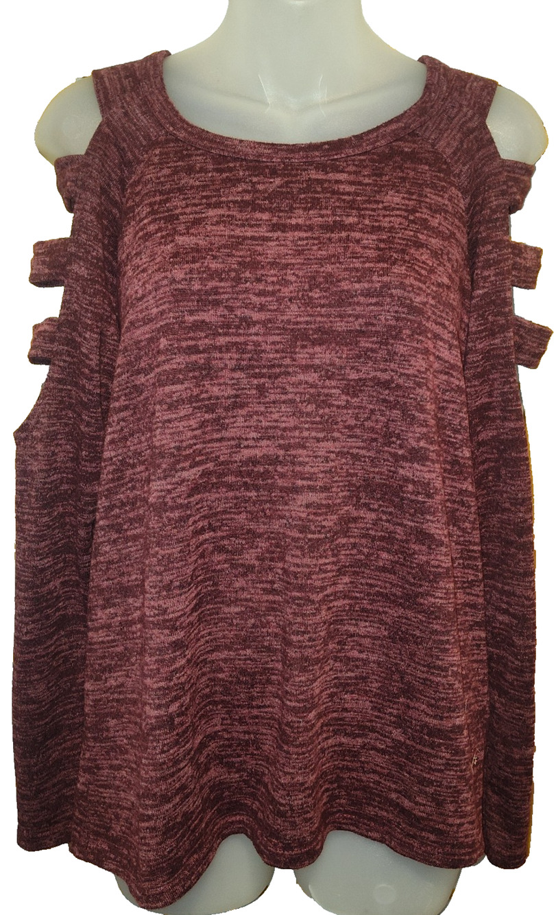Always Indigo Women’s Red Knit Cold Shoulder Ruffle Top Size L BG28
